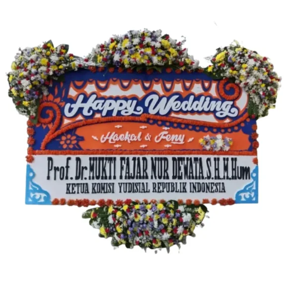 Papan Bunga Happy Wedding Oranye Biru